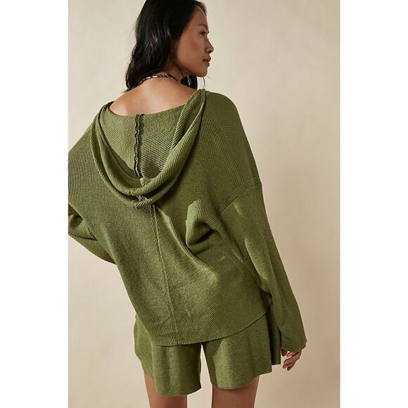 Free People Beach Ribbed Knit Sweater Set Slouchy Oversized Top Cozy Green Sz S - Picture 2 of 16